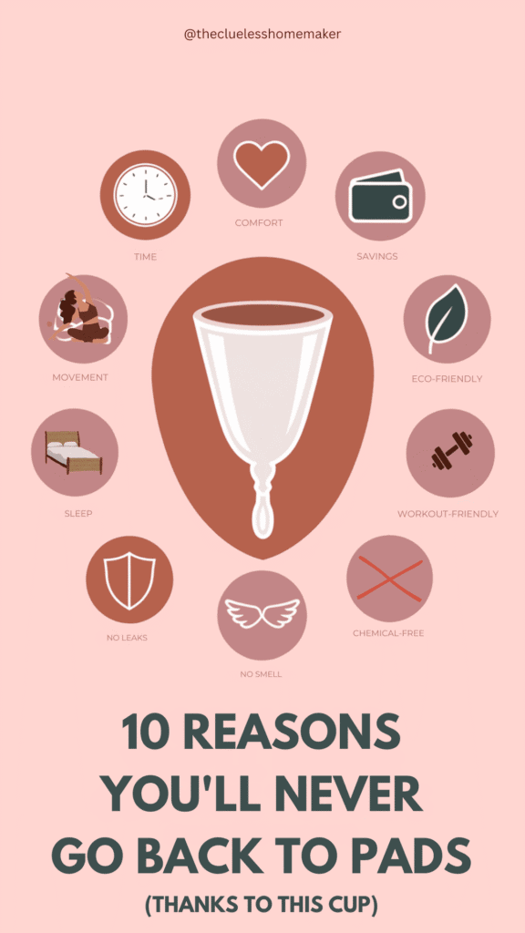 Infographic showing 10 benefits of switching to a menstrual cup: time, comfort, savings, eco-friendly, workout-friendly, chemical-free, no smell, no leaks, better sleep, and freedom of movement. Central image of a cup surrounded by icons on a pink background.