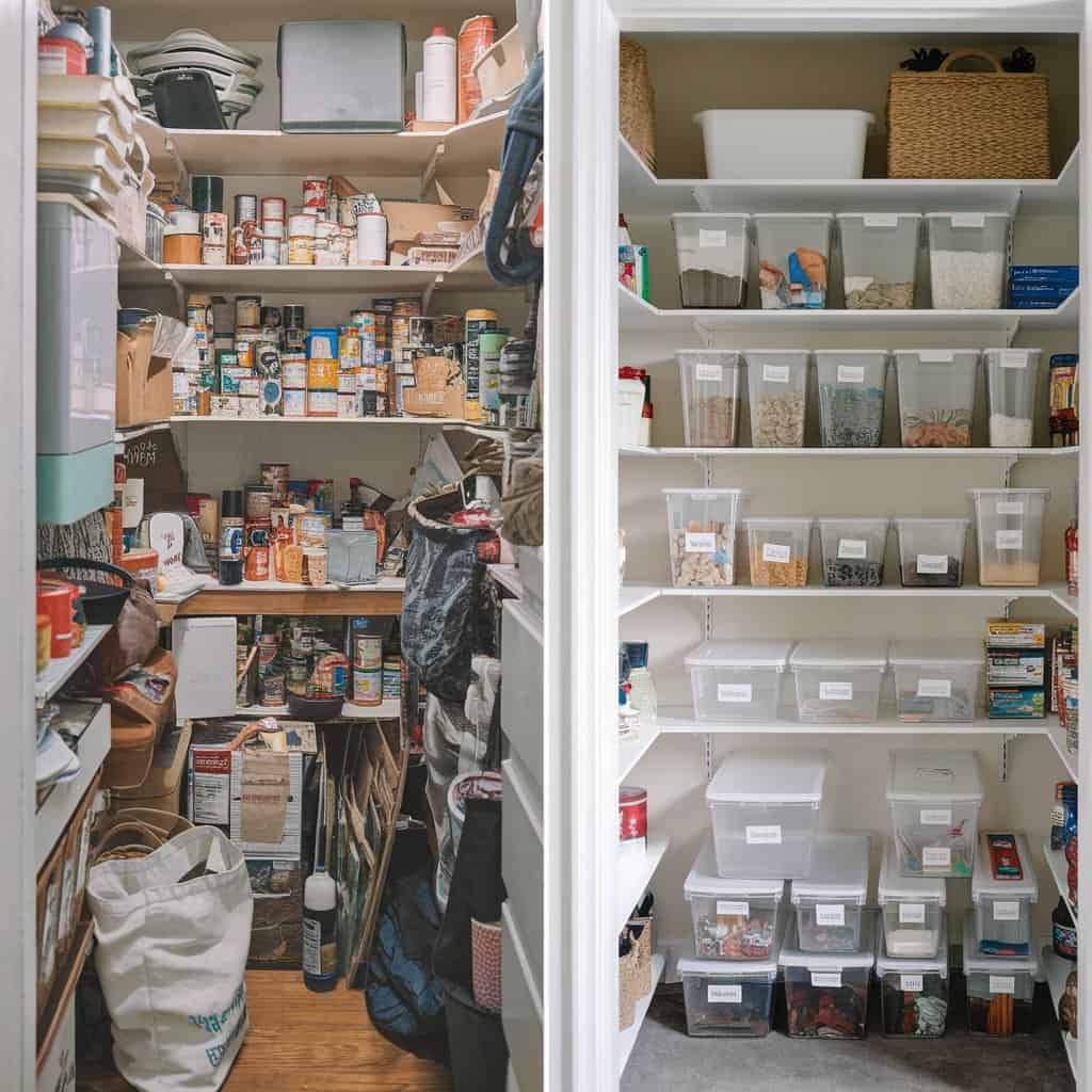 before and after of a messy pantry