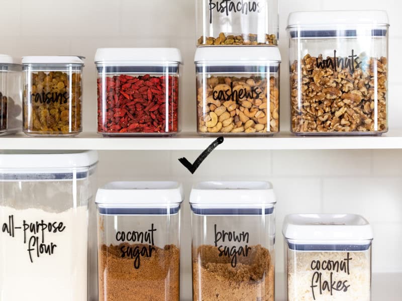 pantry items in labeled storage containers