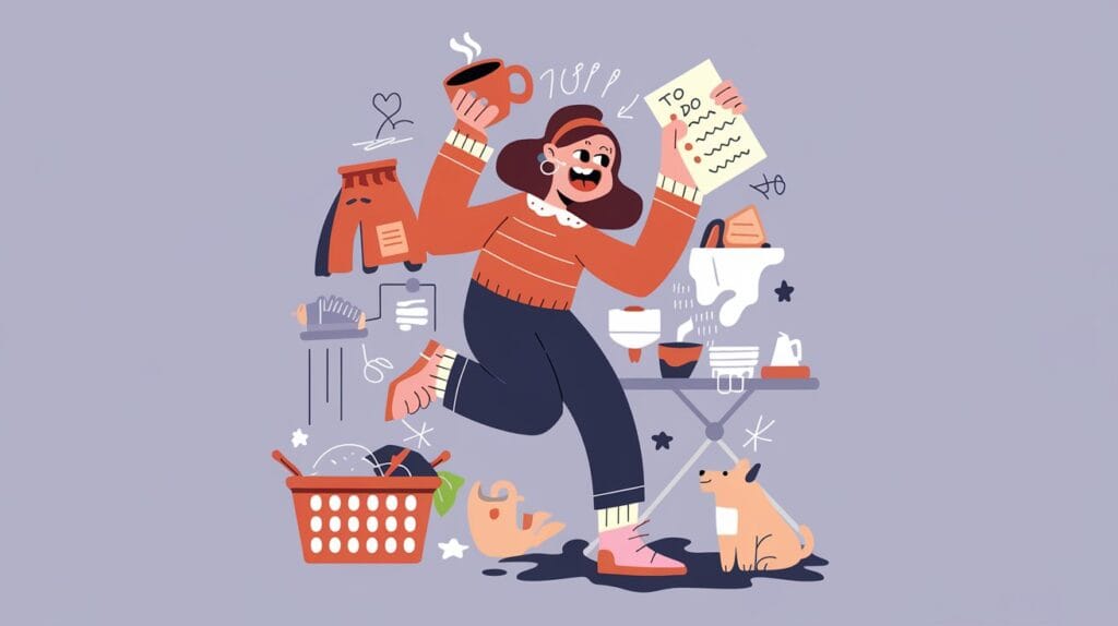 A cheerful and slightly chaotic homemaker multitasking with a playful vibe, surrounded by household items: a laundry basket, an iron, dishes, and a pet.