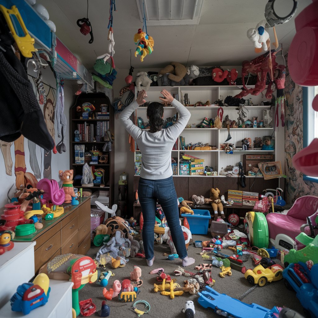 A photo of a woman with her hands raised, standing in a room filled to the brim with toys. The room is messy, with toys scattered around, covering the floor and even hanging from the ceiling.