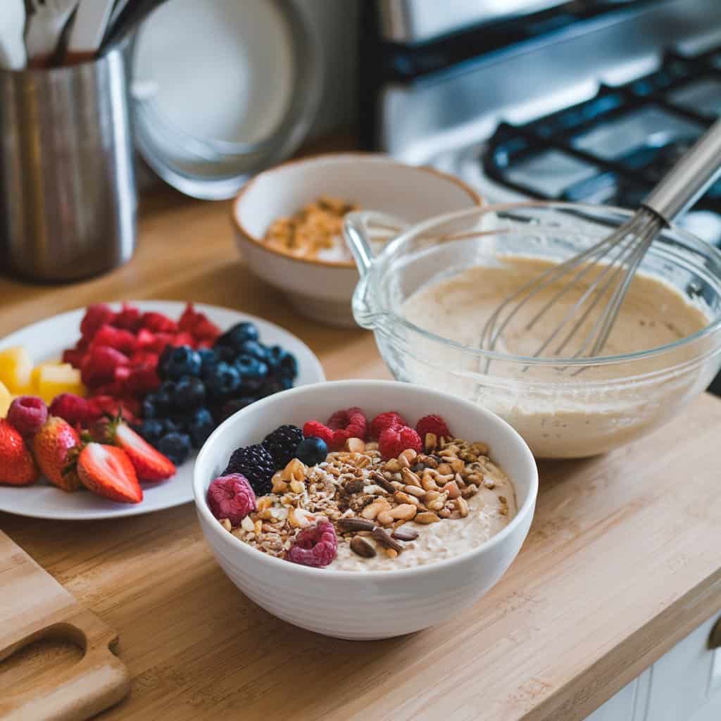 A kitchen counter displaying overnight oats in jars, bowls of pre-chopped fruits, and a mixing bowl filled with pancake batter, highlighting batch cooking simplicity