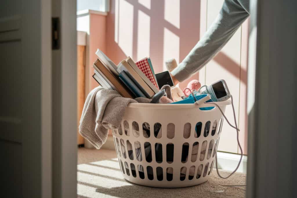 A white plastic laundry basket filled with various household items, including books, a towel, a stuffed toy, a phone charger, and miscellaneous objects. A person's arm, wearing a long-sleeve shirt, is seen placing or grabbing an item from the basket. Sunlight streams through a nearby window, casting soft shadows on the carpeted floor.