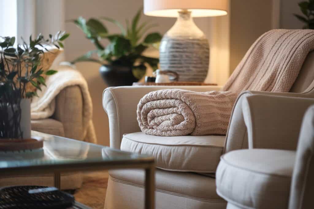 A cozy living room scene with a soft, beige armchair. A folded beige knitted blanket is draped over the armrest. In the background, a table with a lamp and some green plants can be seen, adding a touch of warmth and decor.