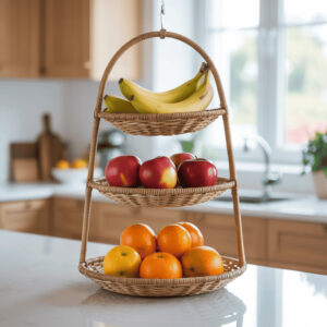 Tiered hanging basket holding bananas, apples and oranges